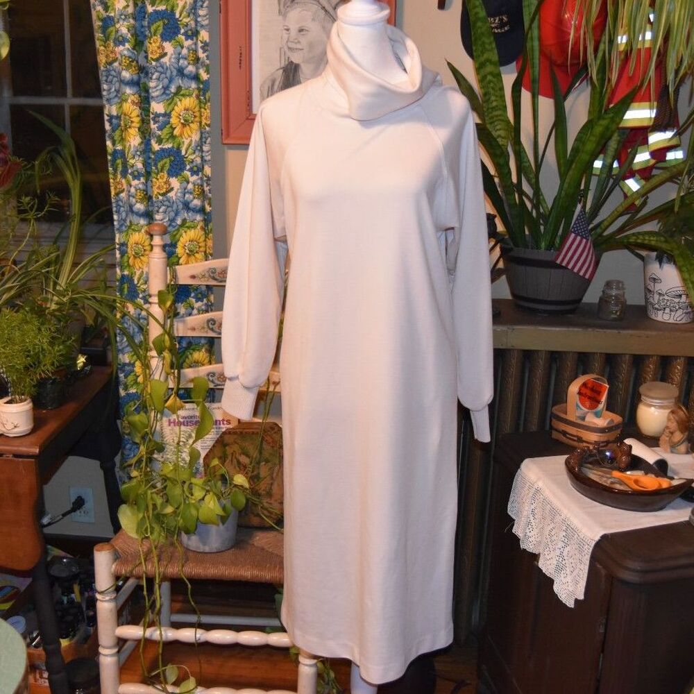 Vintage 80s Cowl Neck Sweater Dress Cream Knit Midi Long Sleeve Size Small
